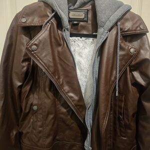 Urban Republic Brown Leather Jacket with Gray Hoodie